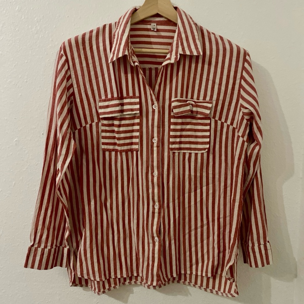 Red and White Striped Cotton Blend Shirt